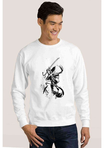 Samurai Jack Baskılı Beyaz Erkek Örme Sweatshirt (534643054)