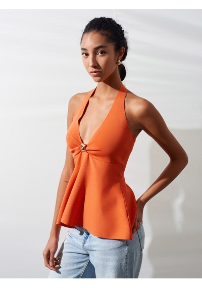 Dilvin 10787 Halter Yaka Metal Detaylı Peplum Triko Bluz-oranj Dilvin 10787 Halter Yaka Metal Detaylı Peplum Triko Bluz-oranj