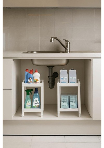 Sas Haus Flex Elite Pro 2 Katlı Beyaz Tekerlekli Çok Amaçlı Banyo & Mutfak Düzenleyici Raf - Evye Altı Raf Beyaz 40 X 35