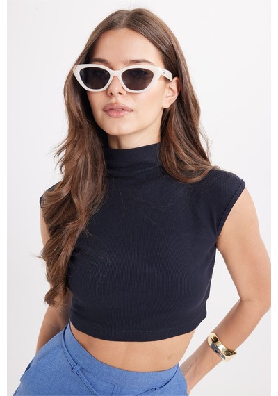 Tudors Kadın Slim Fit Dar Kesim Pamuklu Likralı Dik Yaka Sıfır Kol Yumuşak Dokulu Lacivert Crop Bluz-50466
