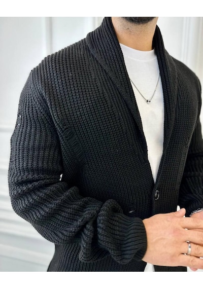 Elku Moda Hırka Örgülü Şal Yaka Cepli Lazer Kesim Yırtık Detaylı Tüylenmez Örgü Triko Hırka Siyah Elku Moda Hırka Örgülü Şal Yaka Cepli Lazer Kesim Yırtık Detaylı Tüylenmez Örgü Triko Hırka Siyah