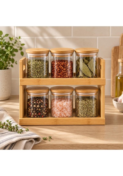 Bambu Standlı 6'li Borosilikat Cam Baharatlık Seti, Her Kavanoz 300 Ml, Bambu Kapaklı, 2 Katlı Baharat Rafı, Yan Tutma Açıklıklı Tezgah Üstü Mutfak Düzenleyici Diğer