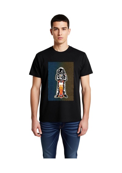 Paybuy Erkek Astronot Kaykay Baskılı Tişört %100 Pamuk Rahat Kesim Kalın Siyah