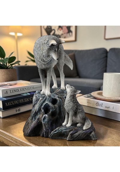 Dekoratif Kurt Ve Yavrusu Biblo Wise Veronese Poliresin Vahşi Yaşam Figürü 24,5 Cm .