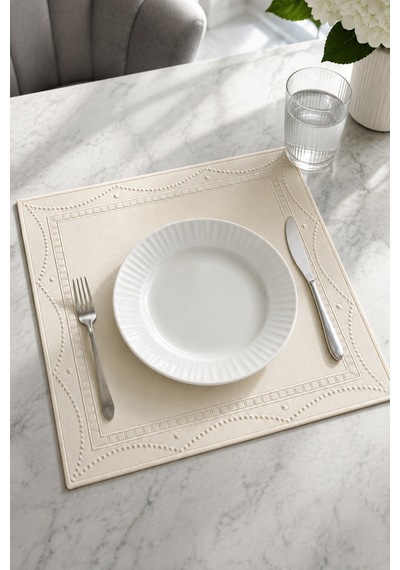Nakışlı Deri Amerikan Servis 2'li Set Çift Taraflı Kare Supla 40x40 Cm Olise Bej