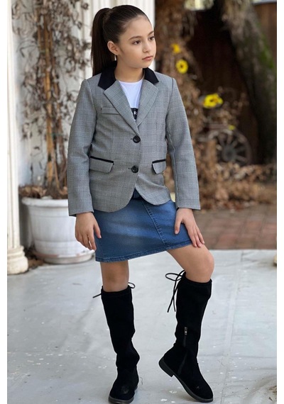 Riccotarz Kız Çocuk Yazı Baskılı Tişört Sahte Cep Detaylı Kareli Blazer Ceket Mavi Jean Etekli Takım 001 Riccotarz Kız Çocuk Yazı Baskılı Tişört Sahte Cep Detaylı Kareli Blazer Ceket Mavi Jean Etekli Takım 001