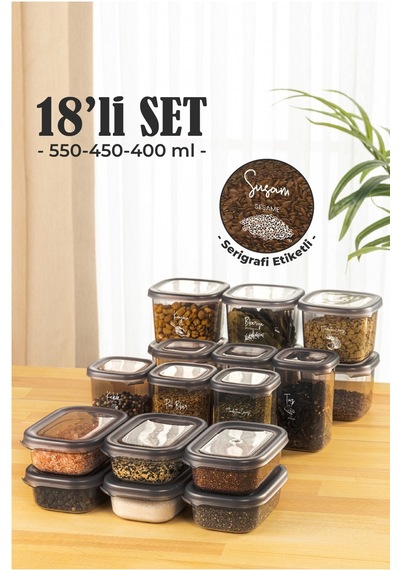 Vienev 18li Süper Set Baharat Saklama Kabı Seti Avantajlı Paket 6x 0,40, 0,45, 0,55 L Etiketli Şeffaf