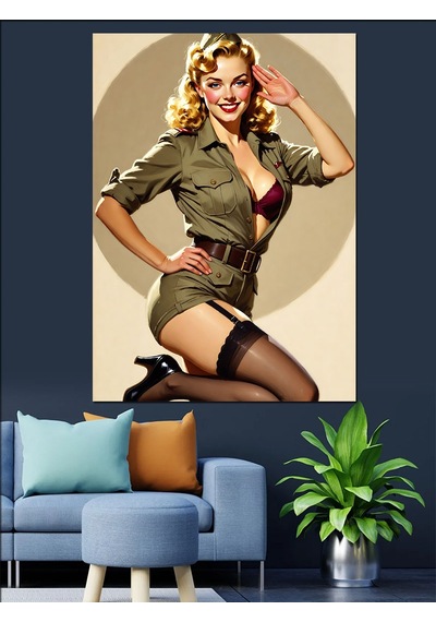 Askeri Üniformalı Seksi Pin-up Dekoratif Kanvas - Mdf Ahşap Tablo