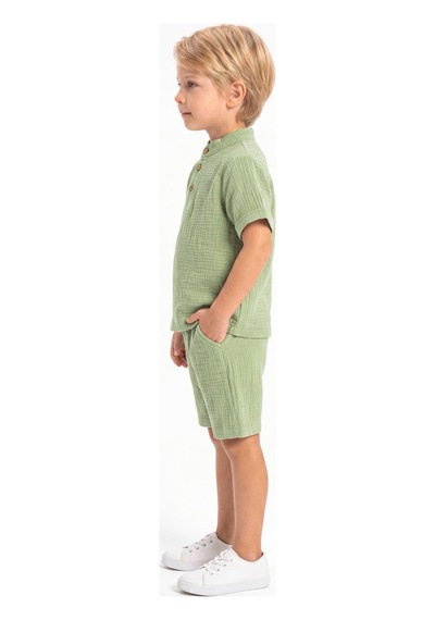 Mnk Baby & Kids Pamuklu Müslin Kumaş Yazlık Şortlu Kısa Kol Rahat Takım M00820 Yeşil