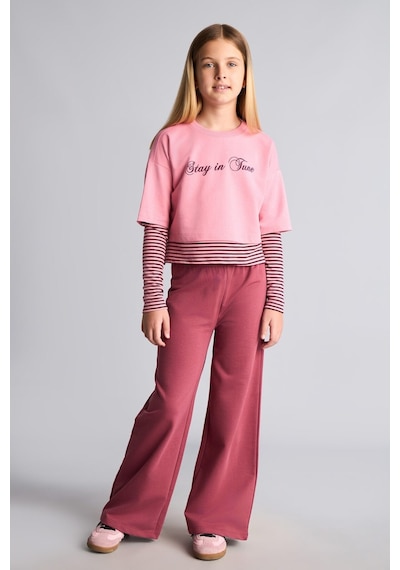 Defacto Baskılı Sweatshirt Üst Geniş Paça Alt 2li Takım Kız Çocuk I0855a826aupn181 Pembe-pn181