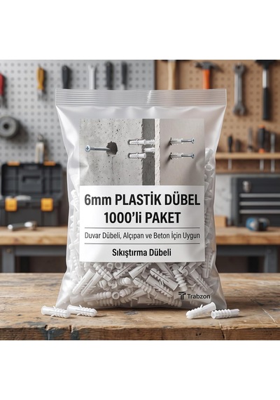 6mm Plastik Dübel 1000'li Paket Duvar Dübeli, Alçıpan Ve Beton İçin Uygun Sıkıştırma Dübeli