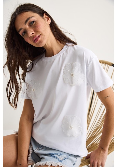 Shade Bisiklet Yaka Çiçek Aksesuarlı Kısa Kollu T-shirt 60602060 - Beyaz