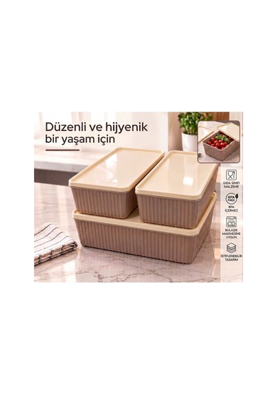 3'lü İstiflenebilir Premium Saklama Kabı Ve Çok Amaçlı Mutfak Düzenleyici Seti Krem Krem