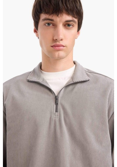 Defacto Boxy Fit Dik Yaka Fermuarlı Kadife Sweatshirt E9364ax25augr454 Gri