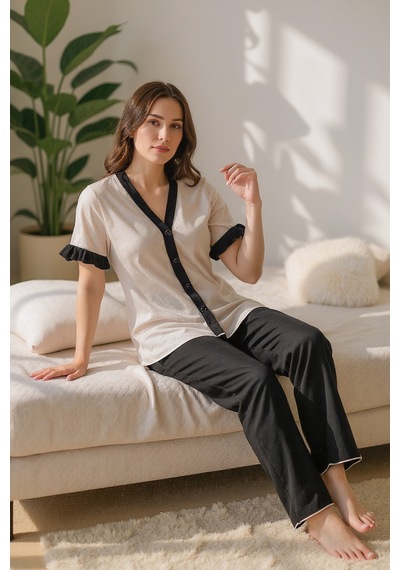 Bella Notte Pamuklu Düğmeli Siyah Biyeli Yazlık Pijama Takımı