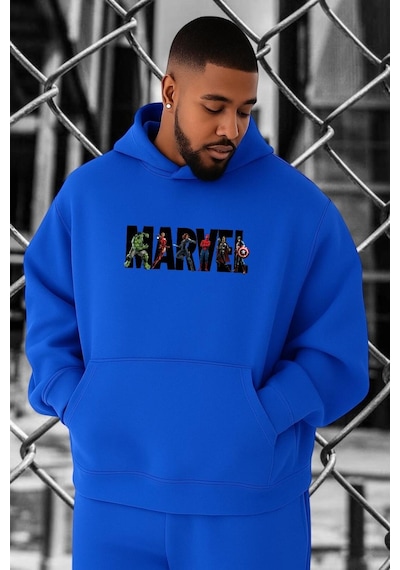 Benroma 3 İplik Penye Marvel Baskılı Büyük Beden Sweatshırt Saks Mavisi