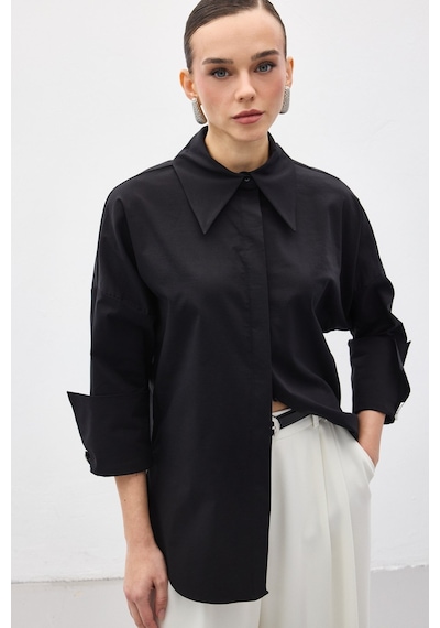 Sateen Düğme Detaylı Gömlek - Siyah-137149 Siyah