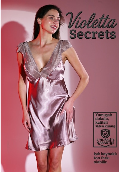 Violetta Secrets Büyük Beden Vizon Saten Dantel Detaylı Gecelik Çok Renkli