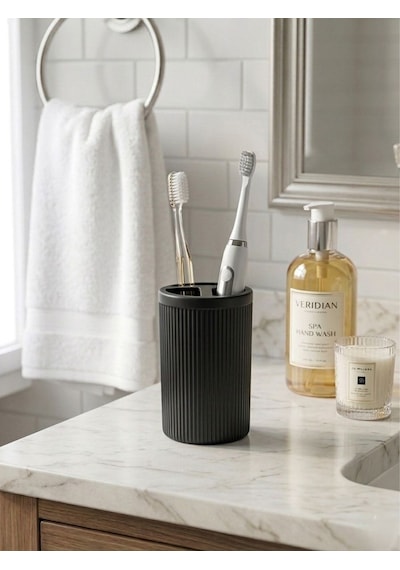 5 Li Lüx Banyo Aksesuar Seti Kapaklı Çöp Kovası, Sabunluk, Diş Fırçalık, Dekoratif Yuvarlak Siyah