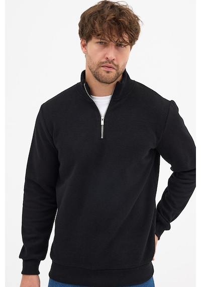 Mmetalic Erkek Siyah Standart Fit Normal Kesim Pamuklu Yarım Fermuarlı Dik Yaka Pamuklu Sweatshirt Siyah