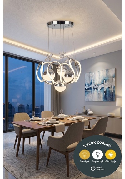 Yummy Krom Led Avize 3 Renk Salon Ve Oturma Odası İçin