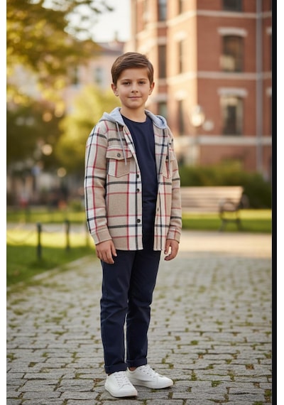 Gala Kolu Lastikli Kapüşonlu Ekoseli Unisex Çocuk Gömlek Kahverengi