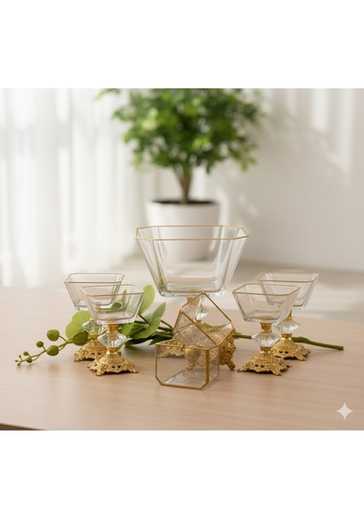 Çnr Home Collection Karen 7 Parça Döküm Ayaklı Sunumluk Seti Magnolia Dondurmalık Jup & Salata Kase Seti Gold