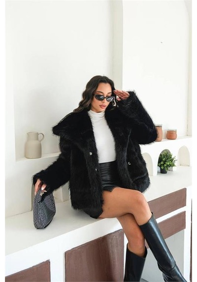 Neşeli Butik Kadın Siyah Astarlı Kürk Kaban Nbmylk32 Siyah