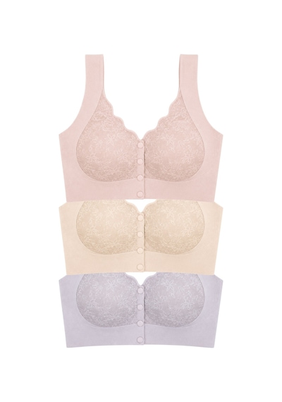 Cottonill Seamless Bra - Lunessa Lazer Kesim Dikişsiz Önden Düğmeli Dantelli Minimizer Kadın Sütyen 3'lü Paket Çok Renkli