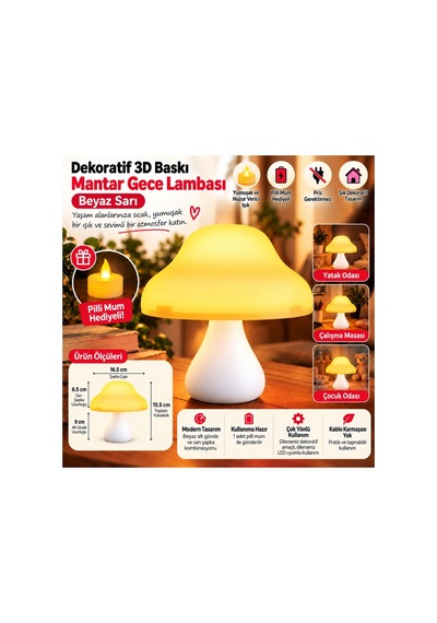 Dekoratif 3d Baskı Mantar Gece Lambası - Pilli Mum Hediyeli - Sarı Beyaz