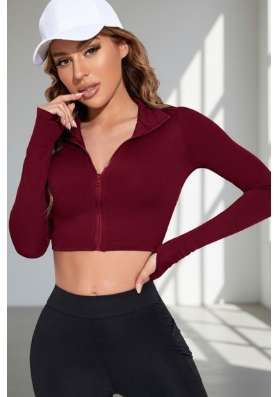 Beru Kadın Bordo Uzun Kol Fermuarlı Parmak Geçme Detaylı Dik Yaka Crop Top Bluz L - XL
