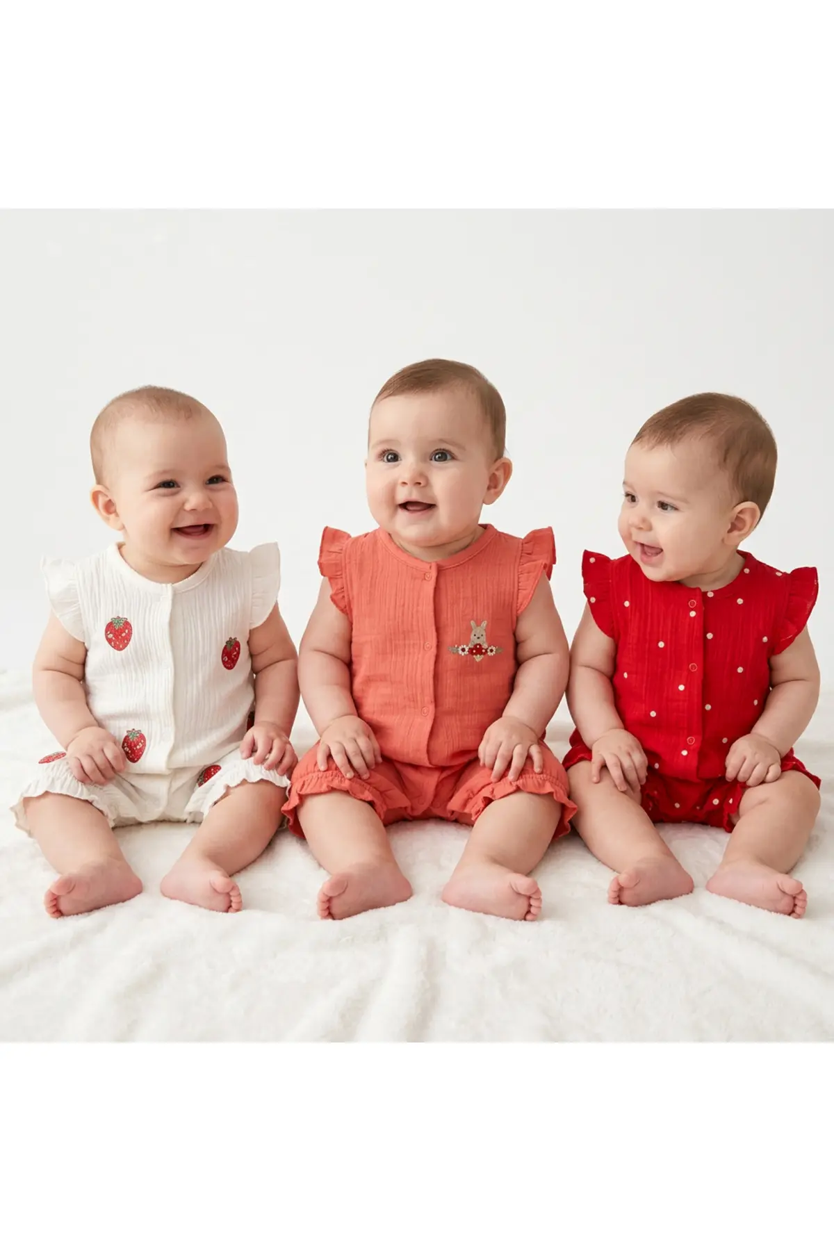Altıntaş Baby 3'lü Kız Bebek Müslin Tulum Set Beyaz Kırmızı Mercan