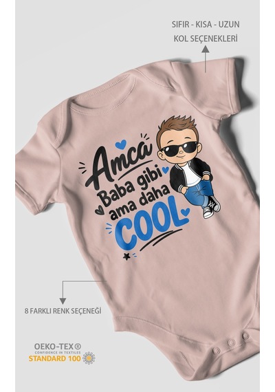 Morivokids Amca Temalı Kısa Kollu Bebek Body %100 Pamuk Pastel Pembe