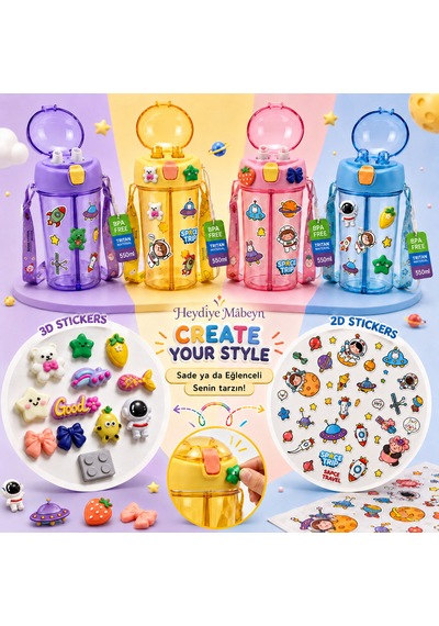 Heydiye Mâbeyn İkili Suluk 550 Ml Tritan Bpa-bps Free Matara, Çift Hazneli, Çift İçim Kapaklı, Bilek Ve Boyun Askılı, Sticker & 3d Figür Hediyeli Sarı