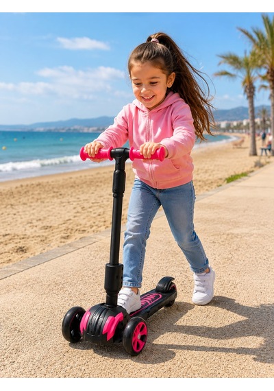 Combo Oturaklı 3 Tekerlekli Katlanabilir Led Işıklı Scooter Pembe