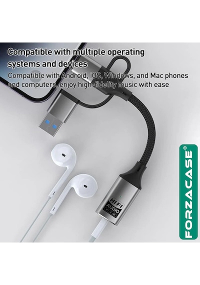 Forzacase 3in1 Apple Uyumlu iPhone Lightning, Type-c, Usb Girişli 3.5 Mm Aux Çevirici Kulaklık Jak Adaptör Fc1164 1 Adet