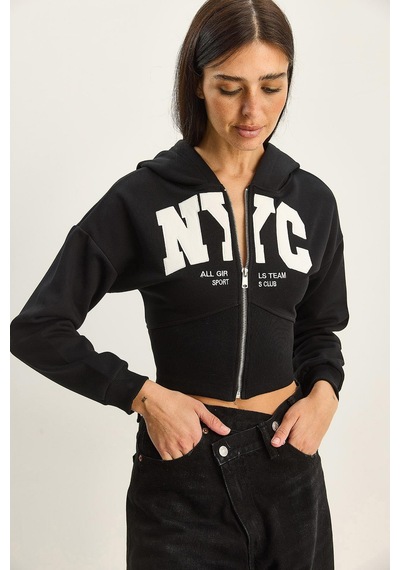 Shade Kadın Nyc Nakışlı Üç İplik Şardonlu Kapüşonlu Crop Hırka 6942 60283794 - Siyah