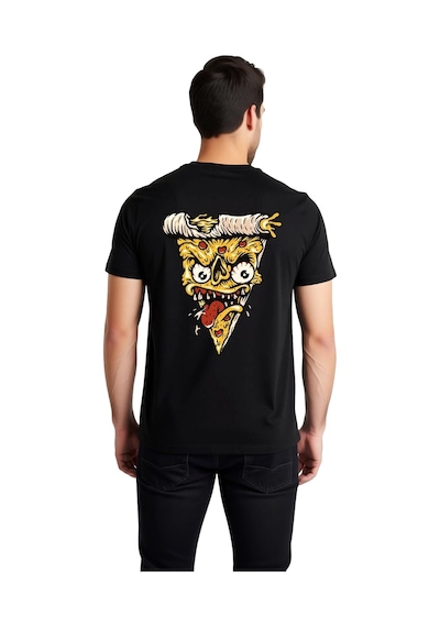Paybuy Erkek Komik Pizza Yüz Baskılı Kısa Kollu Tişört %100 Pamuk Rahat Siyah