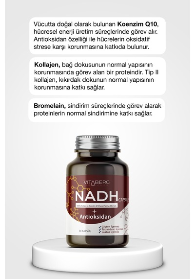 Vitaberg Nadh Antioksidan+ Pqq, Koenzim Q10, Resveratrol, Kolajen Tip Iı