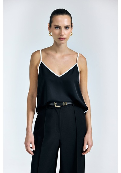 Sateen Kontrast Askılı Bluz - Siyah-137317