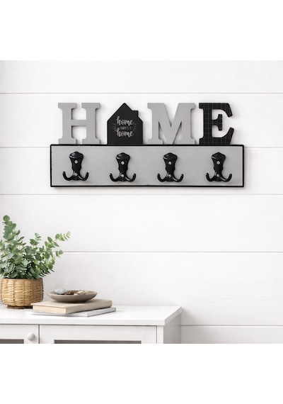Dyris Home Sweet Home Duvar Askılığı 45x20 Cm Mdf 4 Kancalı Dekoratif Askılık, Antre Ve Hol İçin Gri - Siyah