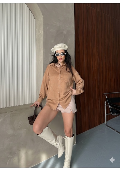 Ribana Classic Kadın Oversize Süet Büyük Beden Uzun Kollu Düğmeli Tek Cepli Gömlek 4962 Kahverengi