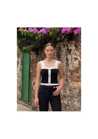 Onno Style Women Kolsuz Askılı Düğme Detaylı Kadın Triko Bluz Siyah