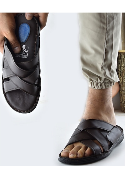 Jel Taban 034 Günlük Tam Ortopedik Hakiki Deri Erkek Terlik Puff Taban Kahverengi