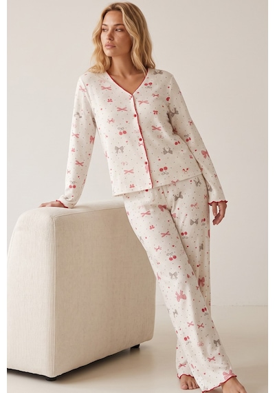 Siyah İnci Yumuşak Tuşe Kışlık Fitilli Pamuklu Örme Düğmeli Hırka Pijama Takım 8073 Leopar Fiyonk