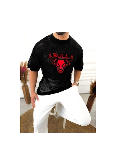 T-shirt Nefes Alabilen Terletmez Pamuklu Fileli Tişört Oversize Tshirt Bull Siyah