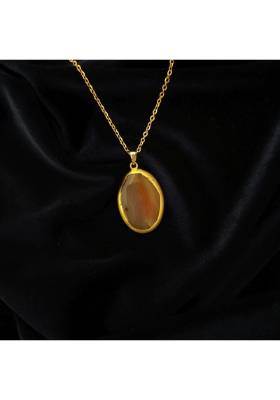 Doğal Kırmızı Akik Taşlı Oval Gold Çerçeveli Çelik Zincirli Kolye