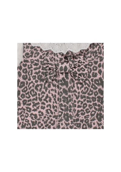 Bebegen Kız Çocuk Beyaz Pembe Leopar Desenli Tek Fiyonklu Kot Elbise Çok Renkli