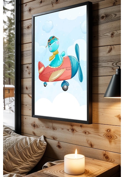 Sevimli Mavi Dinozor Pilot Çerçeveli Tablo - Çocuk Ve Bebek Odası İçin Modern Duvar Dekoru Siyah