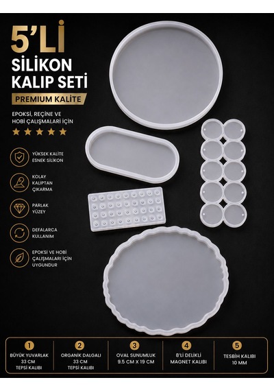 5 Li Premium Silikon Kalıp Seti Epoksi Reçine Tepsi, Magnet Ve Tesbih Kalıbı